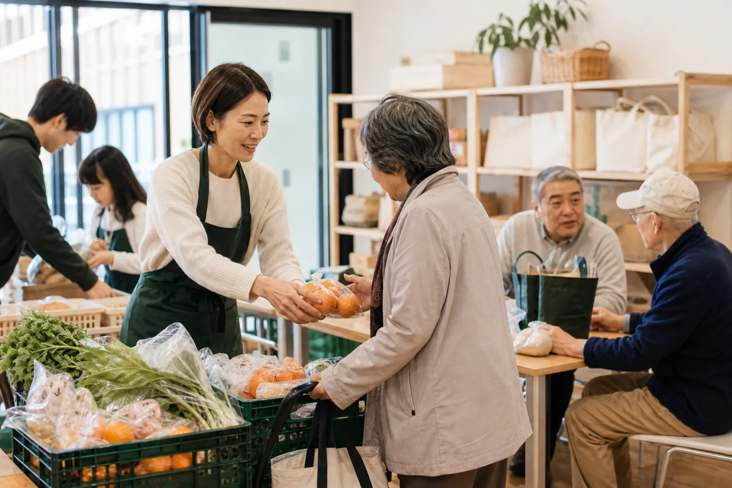 地域の支援拠点で食料や生活用品を分かち合う人々