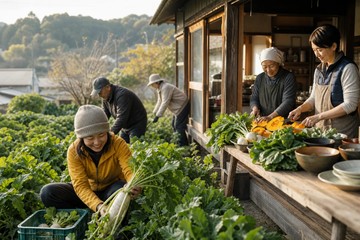 畑で収穫し地域の台所で調理する生産者と住民