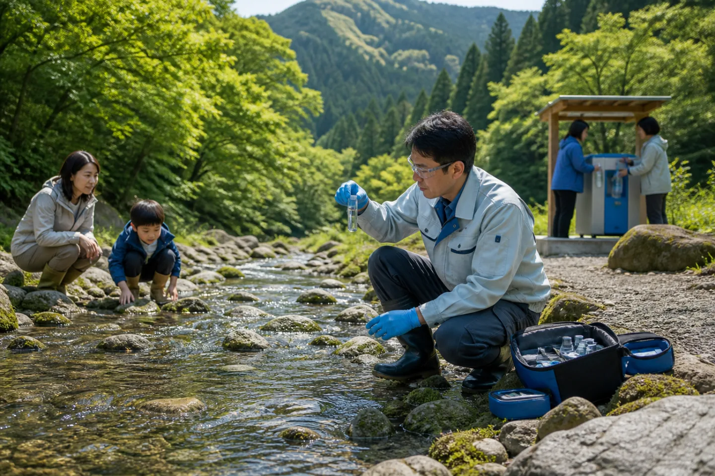 森林の渓流で住民と水質を調べる技術者