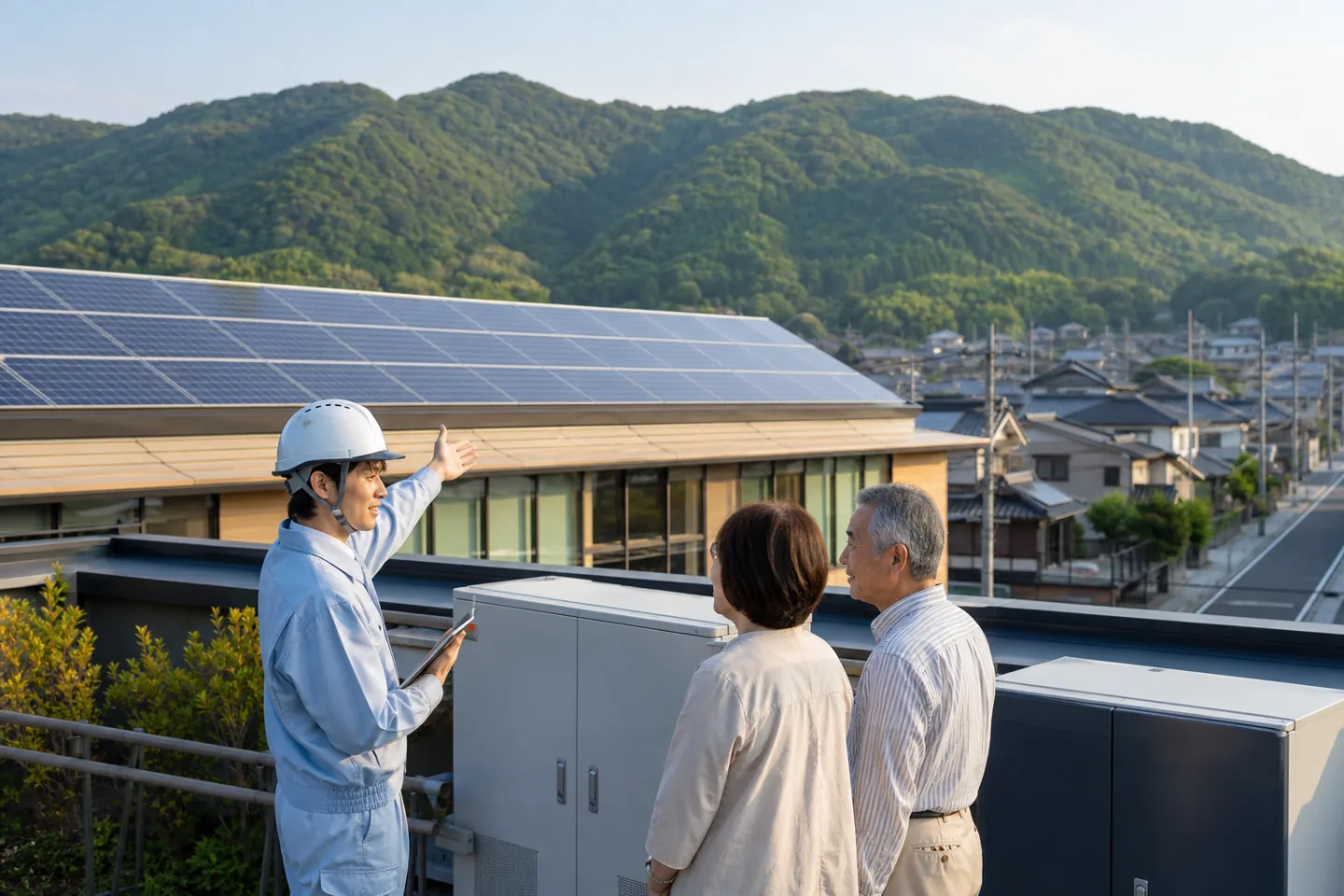 公共施設の太陽光発電と蓄電設備を確認する住民と技術者