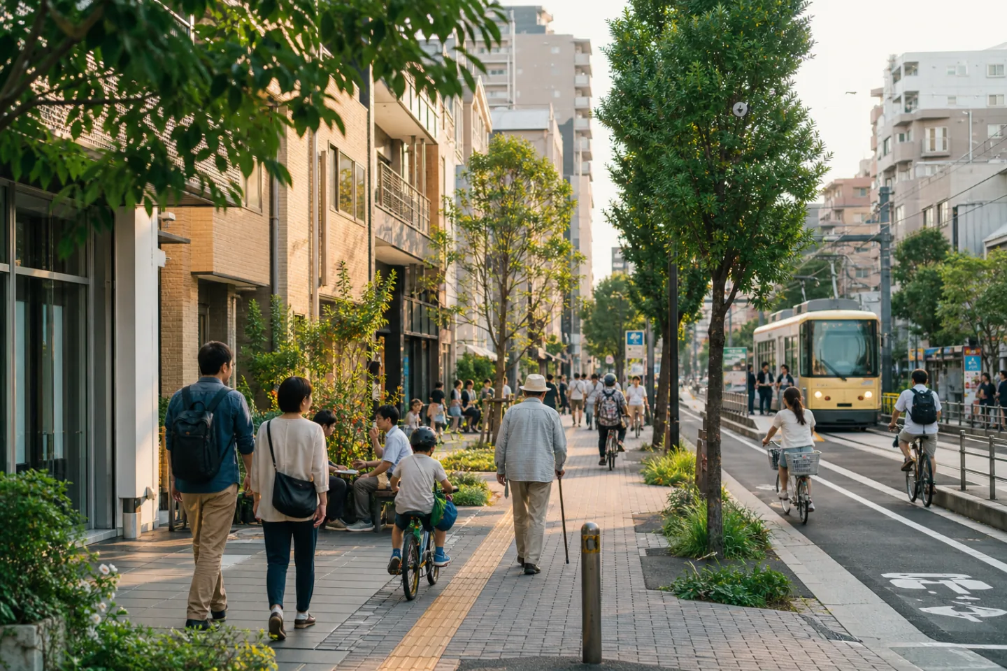 徒歩と自転車と公共交通が共存する緑豊かな日本の街路