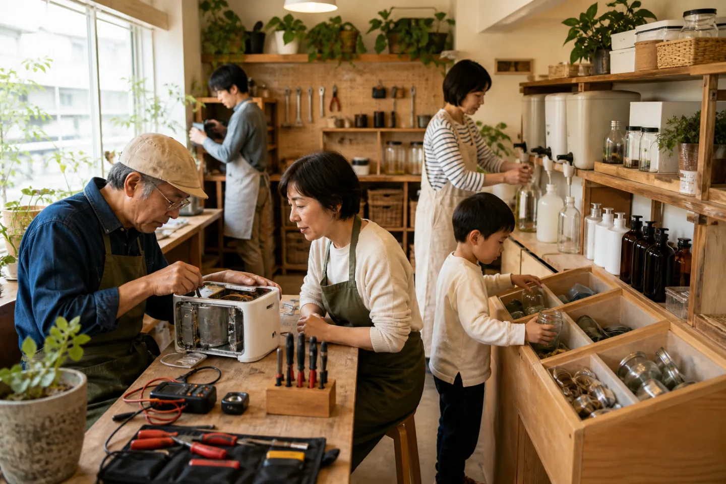 地域のリペア工房で家電修理と容器の再利用を行う人々