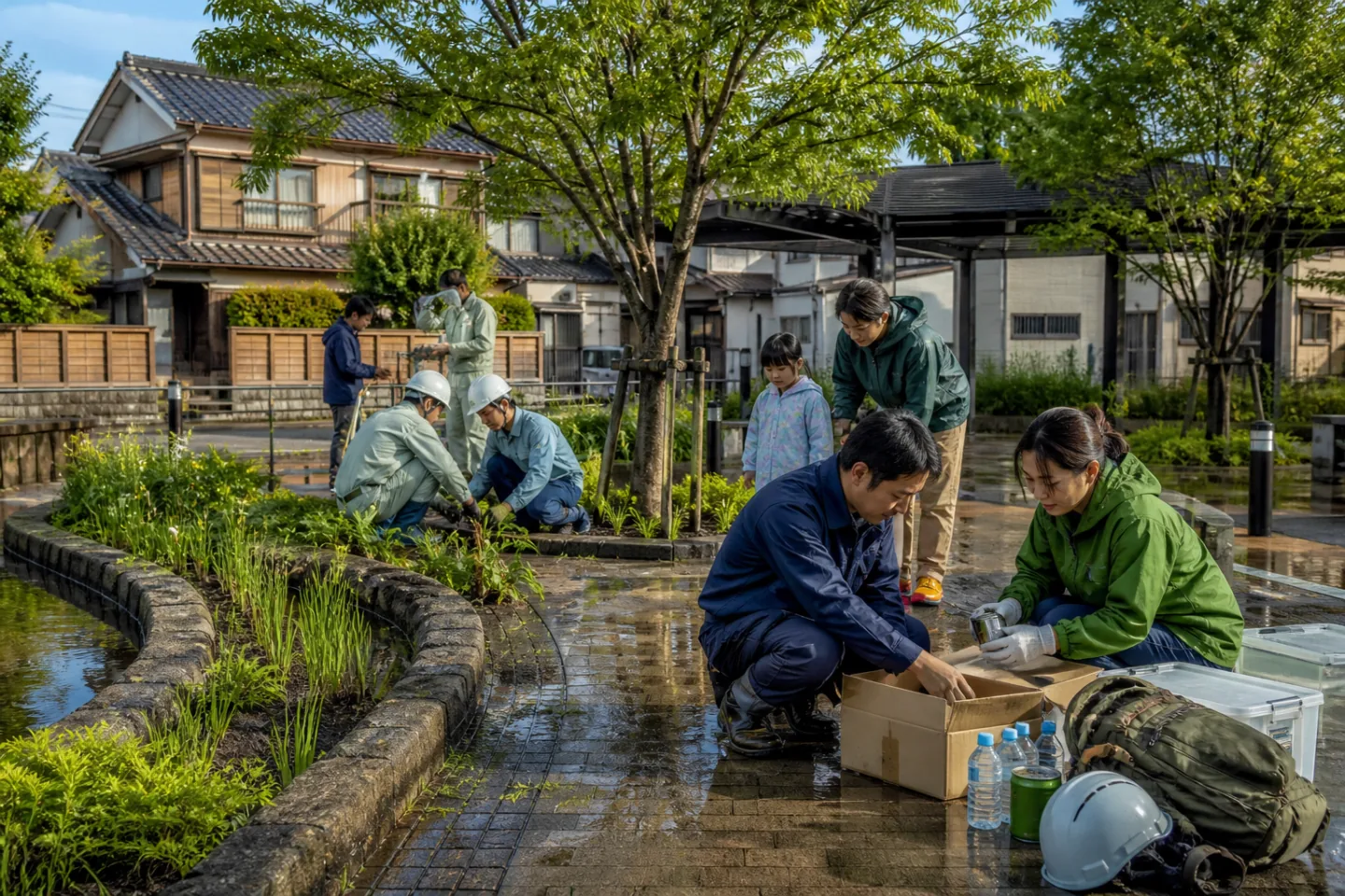 雨上がりの地域で雨庭と防災設備を整える住民と職員