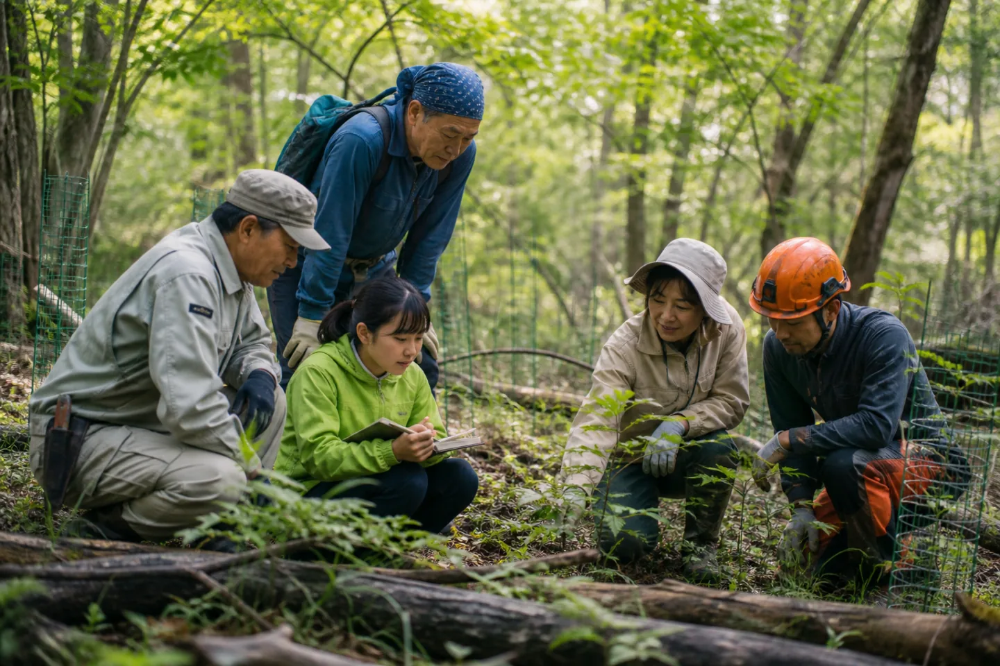 里山の森林で在来樹木と生息環境を調査する地域の人々
