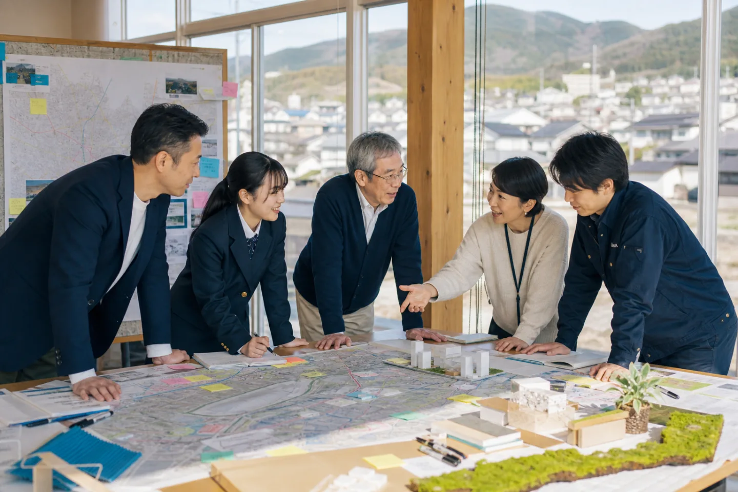 地域地図と模型を囲み協働プロジェクトを計画する多様な関係者