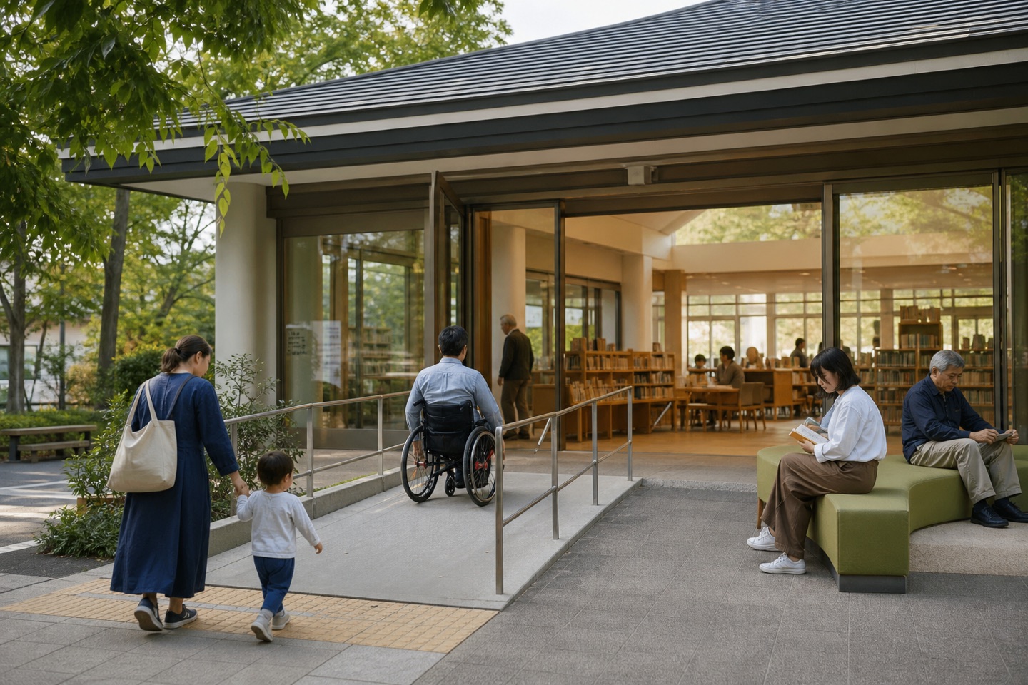 誰もが利用しやすい公共空間で過ごす多様な人々