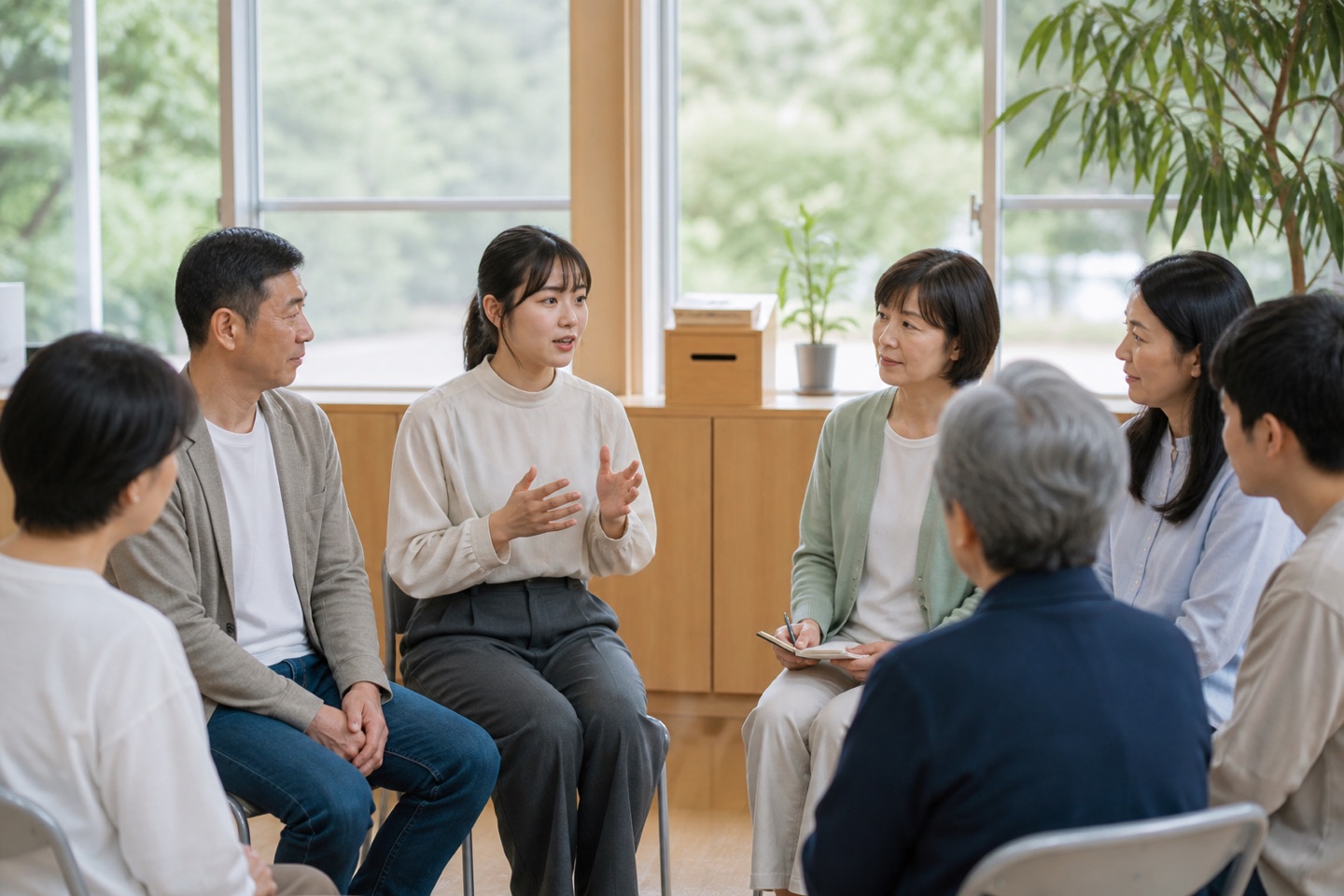 安心できる地域の対話の場で話を聞き合う人々