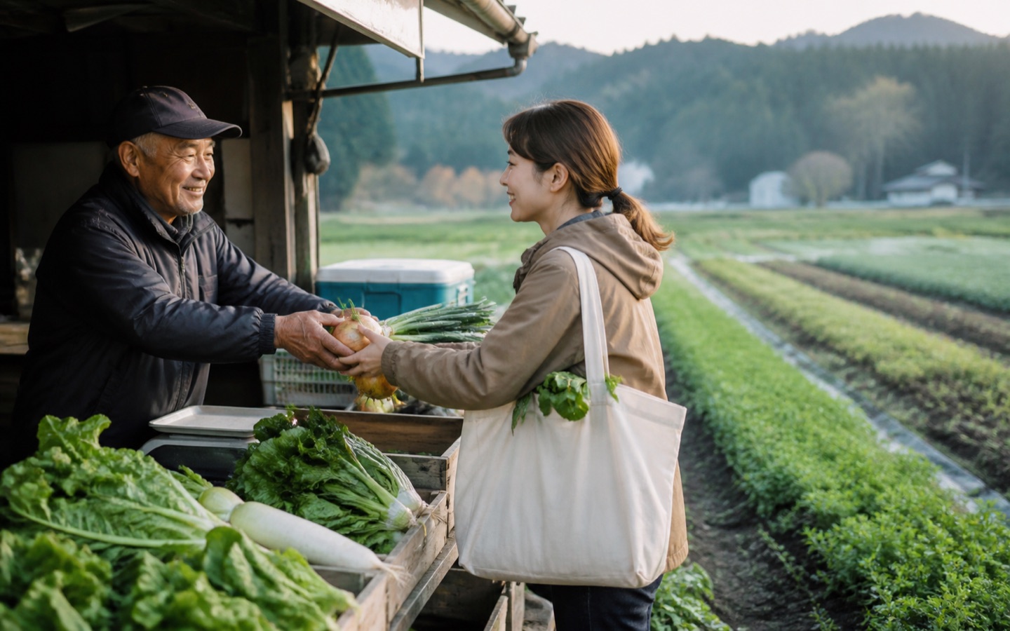 地域の直売所で生産者から旬の野菜を受け取る人
