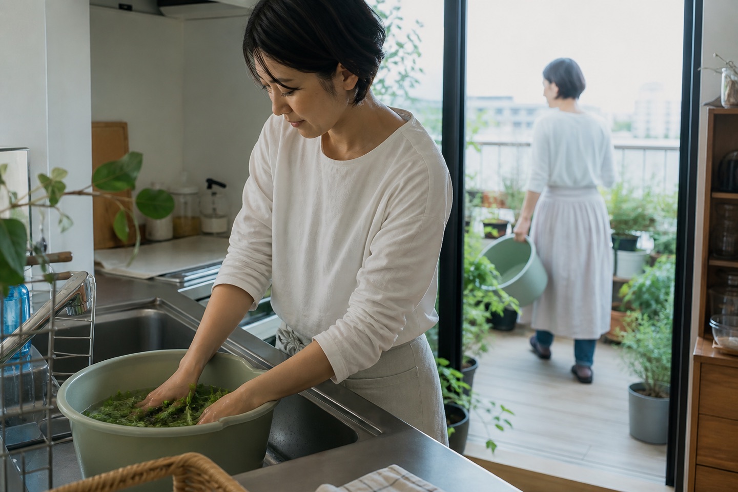 水を止めた状態で野菜を洗い植物への再利用をする家庭