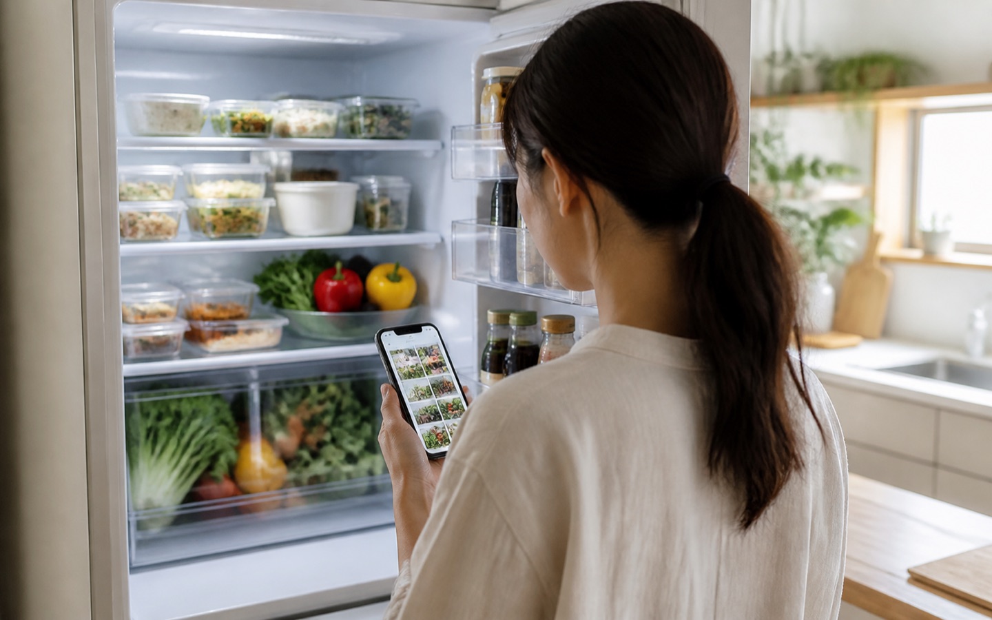 スマートフォンで冷蔵庫の食材を確認する家庭