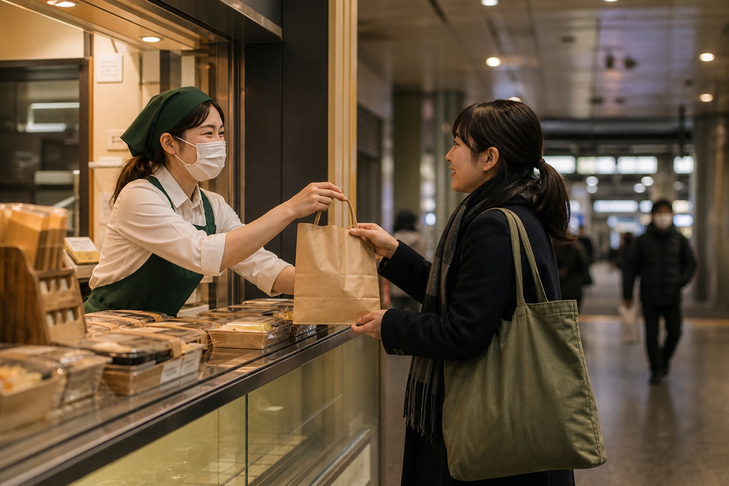 駅のおむすび店で食品ロス削減商品を受け取る利用者