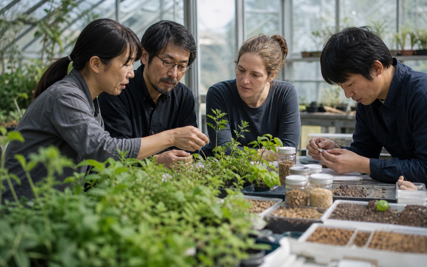 植物標本とデータを調べる国際研究チーム