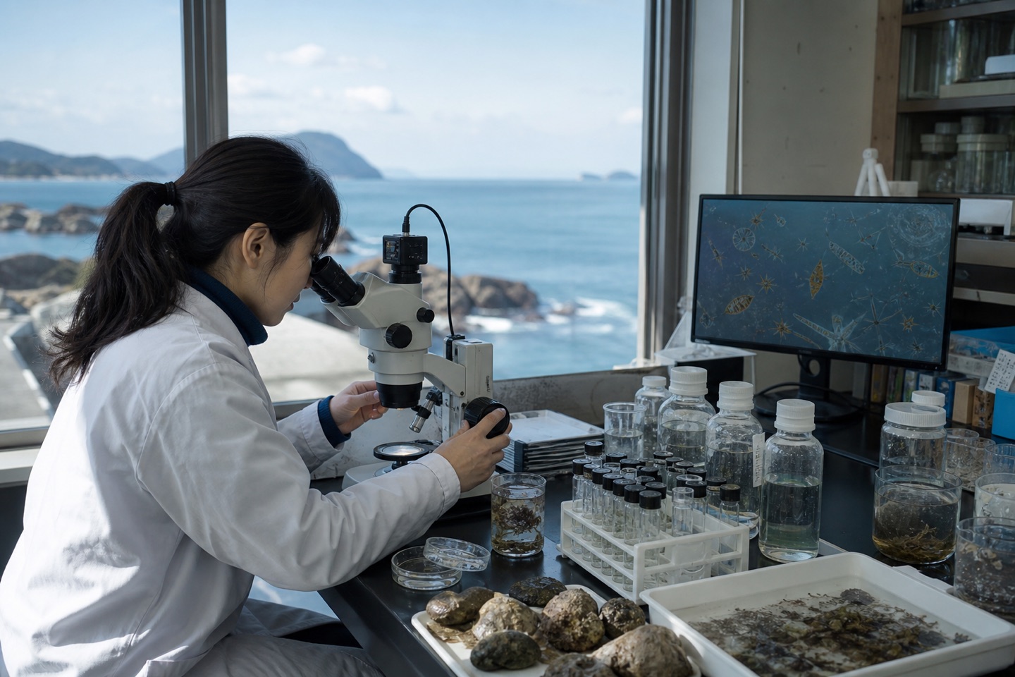 顕微鏡で海洋プランクトンを観察する研究者