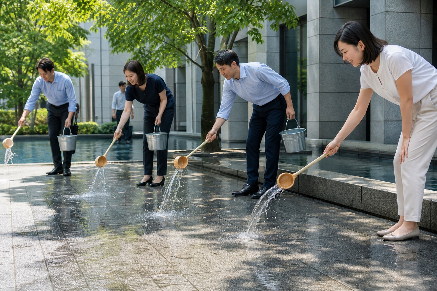 再利用した水で打ち水を行う夏の広場