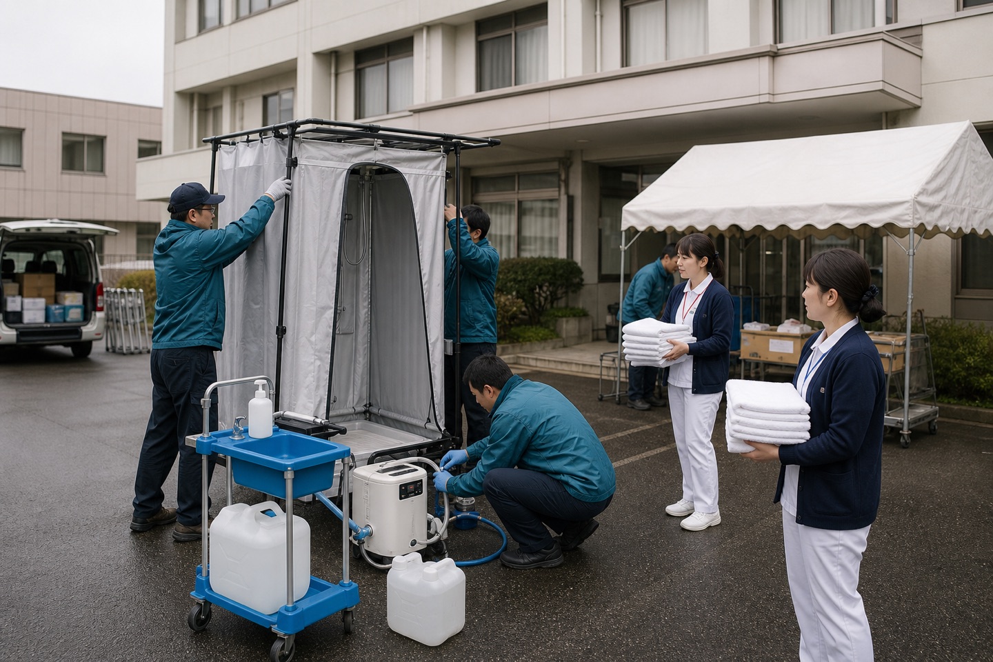 災害時に水循環設備を設置する支援スタッフ
