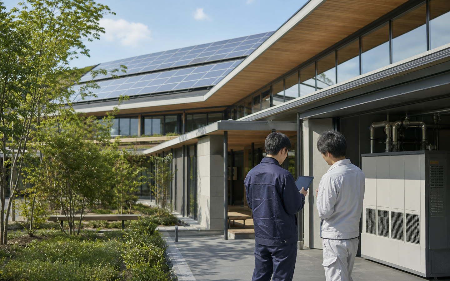 太陽光発電を備えた省エネ建築物の設備を確認する技術者