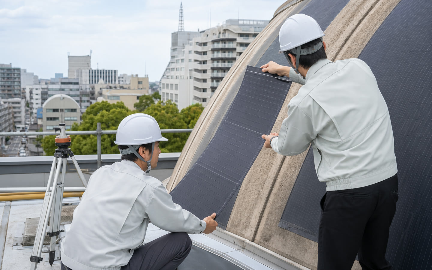 建物の曲面に薄型太陽電池を設置するため調査する技術者のイメージ