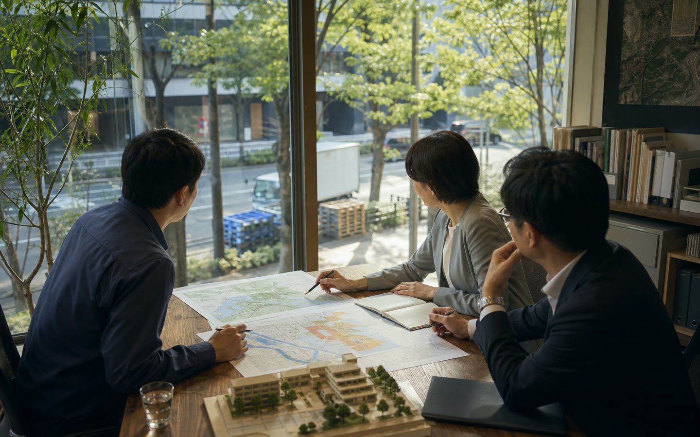 都市と事業拠点の地図を見ながら気候リスクを検討する担当者