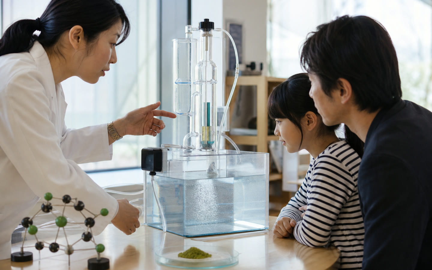 光触媒を使った水素生成実験を親子に説明する研究者のイメージ
