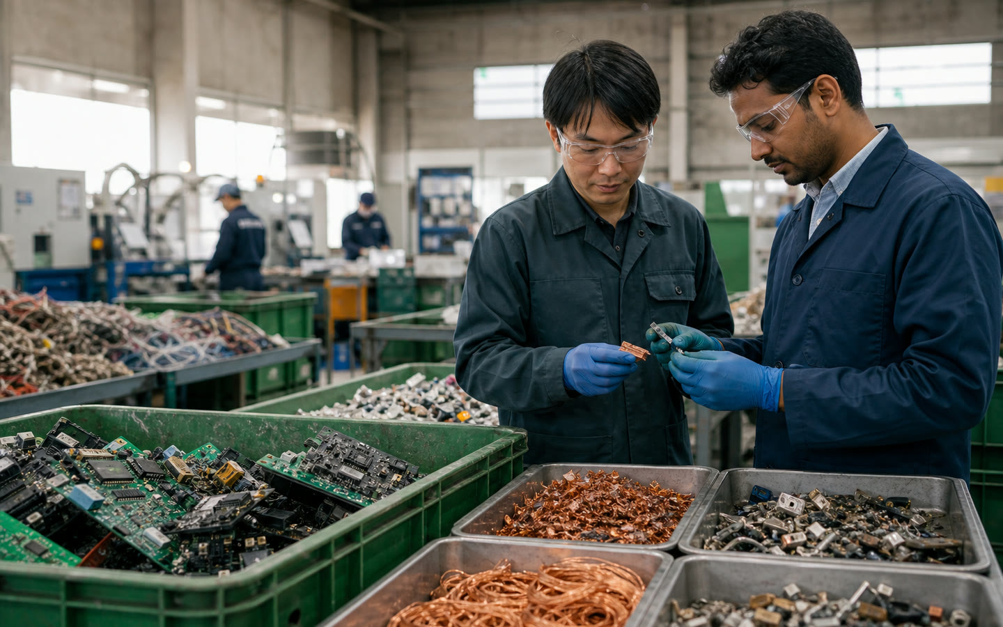 電子機器から回収した金属を確認する日本とインドの技術者のイメージ
