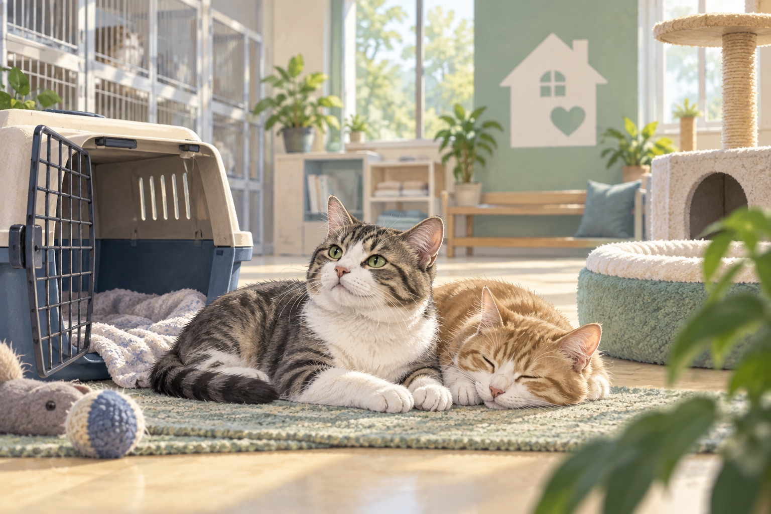 保護施設で新しい家を待つ2匹の猫のイメージ