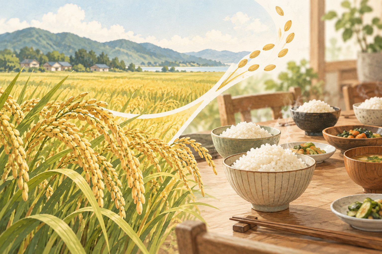 黄金色の稲穂から地域の食卓へつながるイメージイラスト(AI生成)